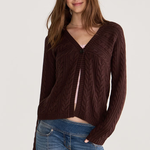 Brown Babydoll Single Button Cable Knit Cardigan