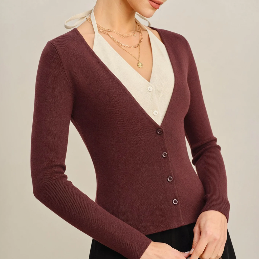 V-Neck Contrast Panel Button Knit Cardigan