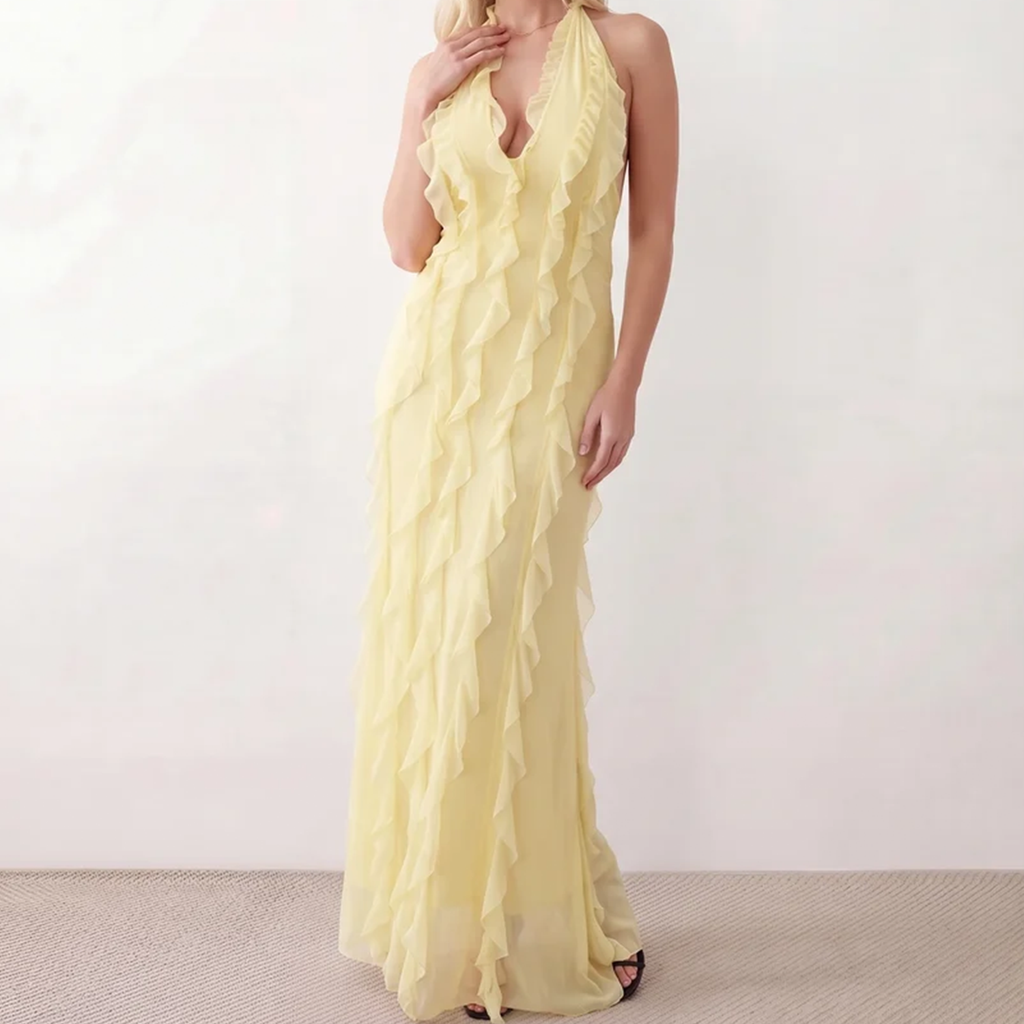 Halter Plunge Neck Ruffled Open Back Maxi Dress