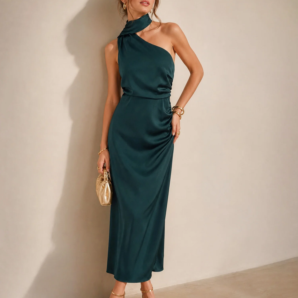 One Shoulder Tie Detail Solid A-Line Maxi Dress
